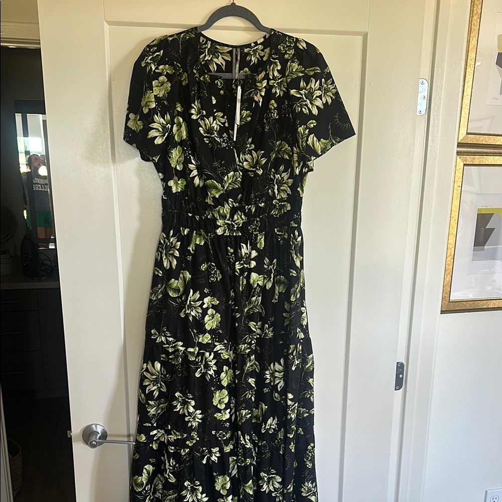Anthropologie Black and Green Floral Maxi Dress